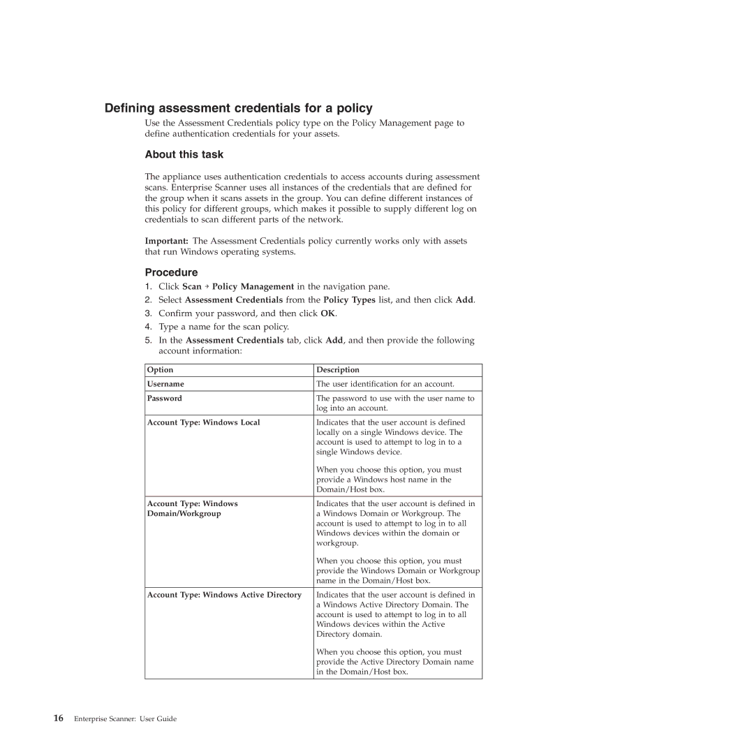 IBM Partner Pavilion 2.3 manual Defining assessment credentials for a policy 