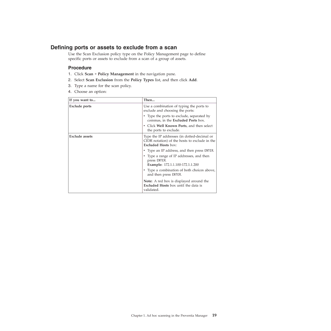 IBM Partner Pavilion 2.3 manual Defining ports or assets to exclude from a scan, If you want to Then Exclude ports 