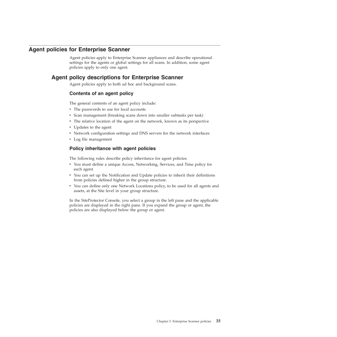 IBM Partner Pavilion 2.3 manual Agent policies for Enterprise Scanner, Agent policy descriptions for Enterprise Scanner 