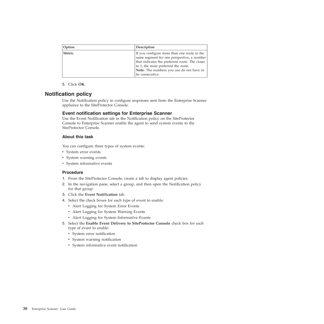 IBM Partner Pavilion 2.3 manual Notification policy, Event notification settings for Enterprise Scanner 