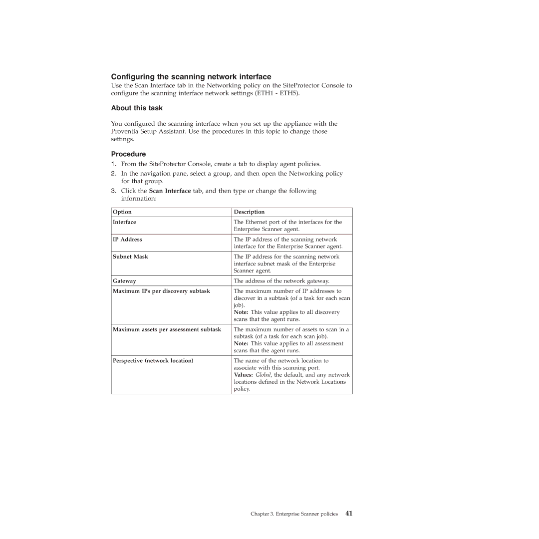 IBM Partner Pavilion 2.3 manual Configuring the scanning network interface, Option Description Interface 