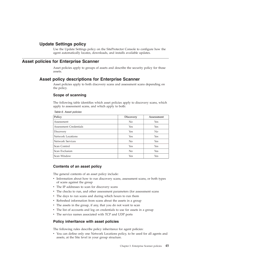 IBM Partner Pavilion 2.3 manual Update Settings policy, Asset policies for Enterprise Scanner 