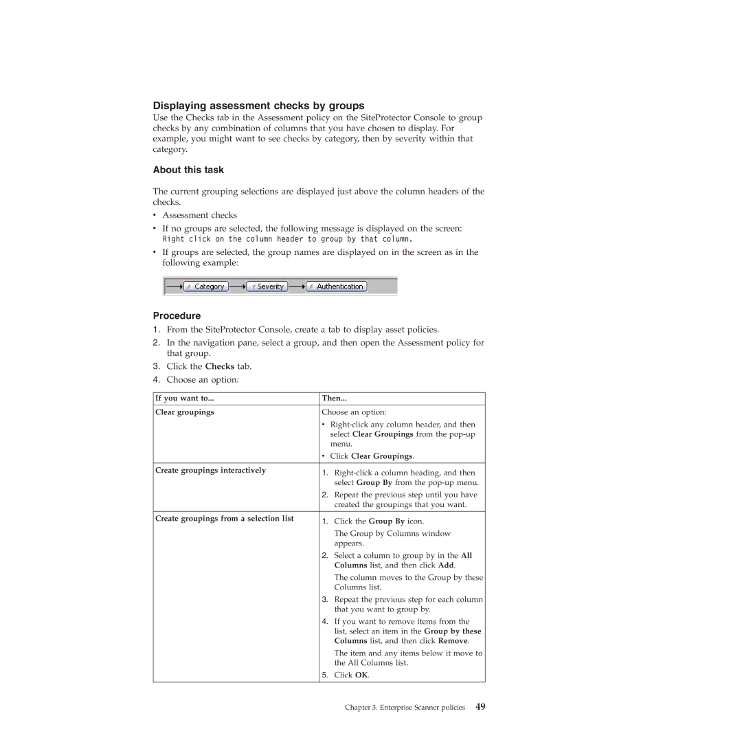 IBM Partner Pavilion 2.3 manual Displaying assessment checks by groups, If you want to Then Clear groupings 