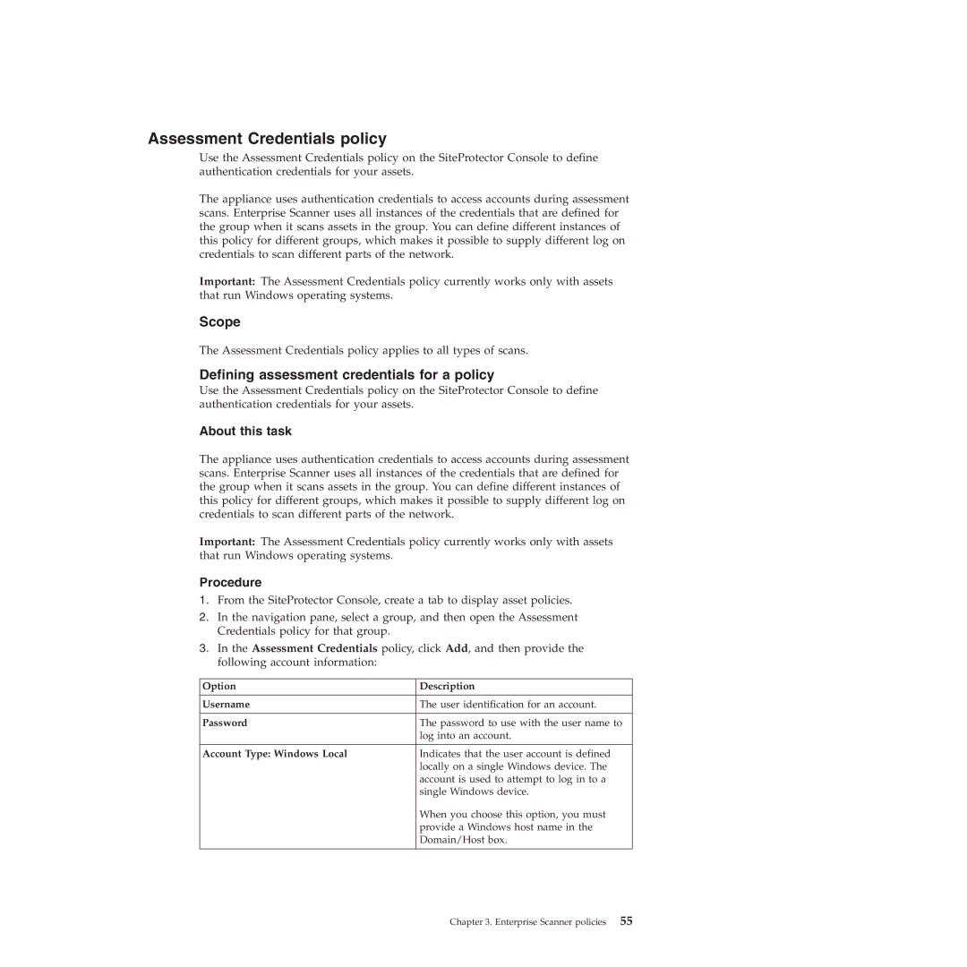 IBM Partner Pavilion 2.3 manual Assessment Credentials policy, Defining assessment credentials for a policy 