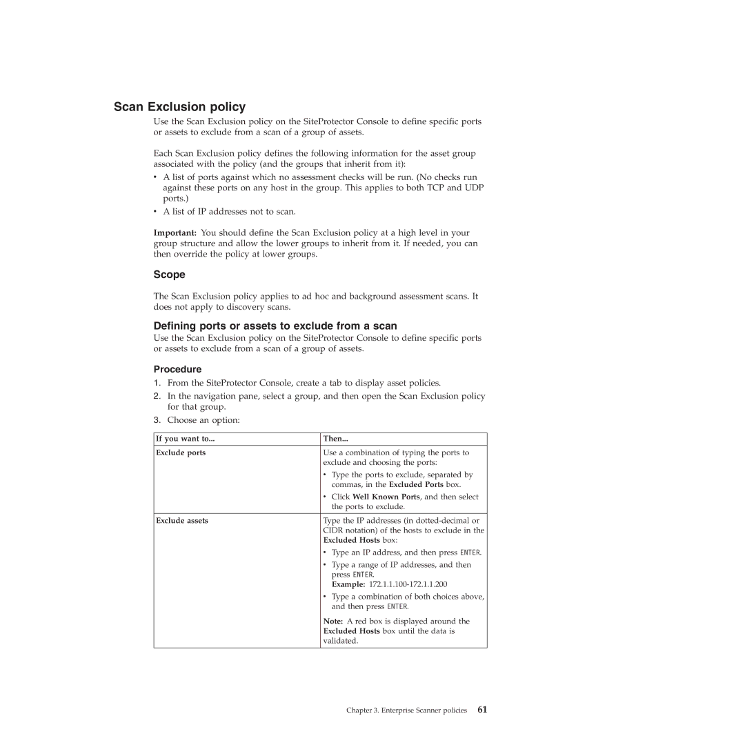 IBM Partner Pavilion 2.3 manual Scan Exclusion policy, Defining ports or assets to exclude from a scan 