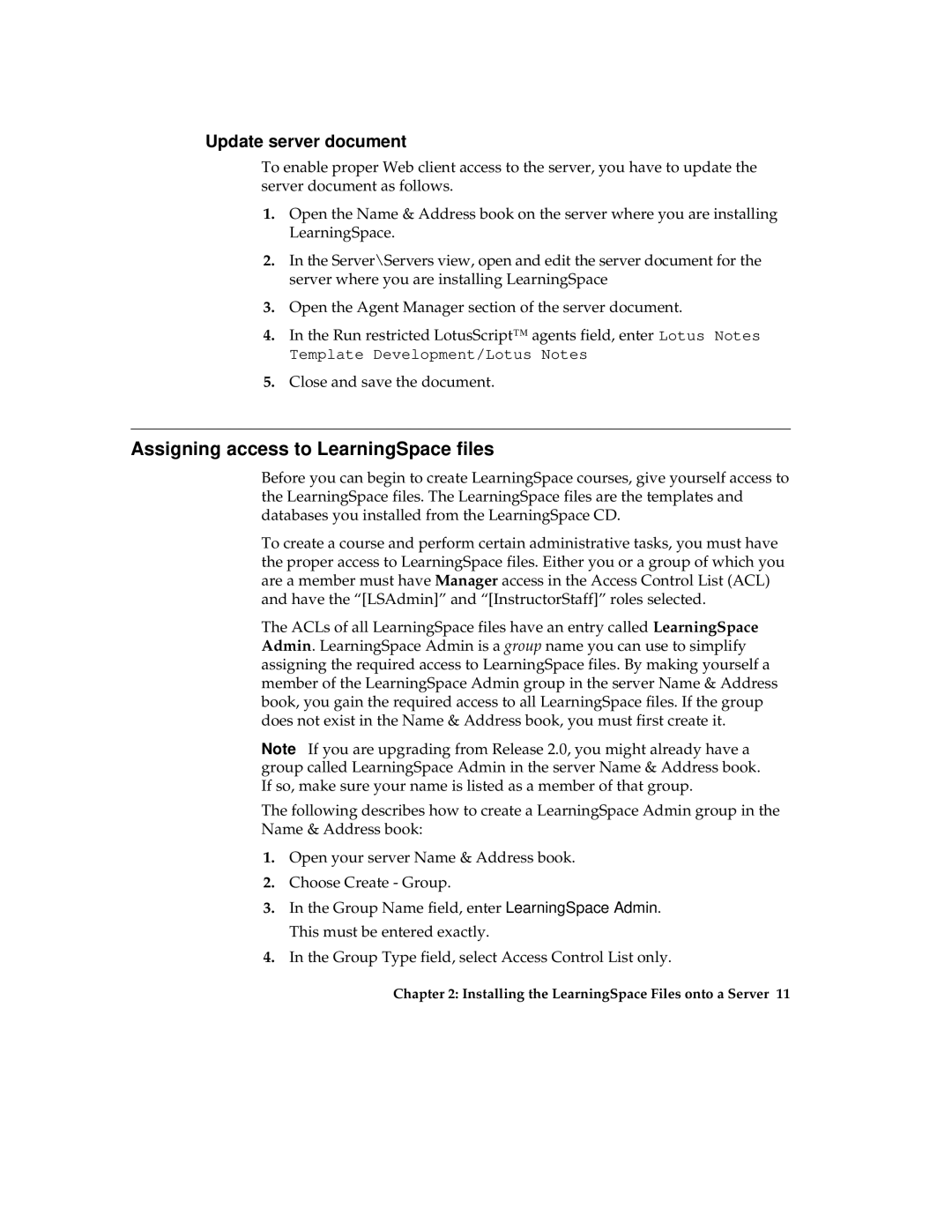 IBM Partner Pavilion 2.5 manual Assigning access to LearningSpace files, Update server document 