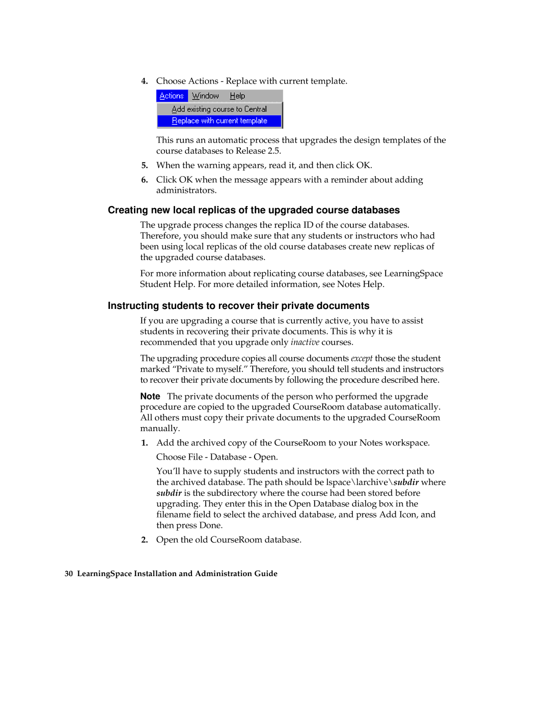 IBM Partner Pavilion 2.5 manual Creating new local replicas of the upgraded course databases 