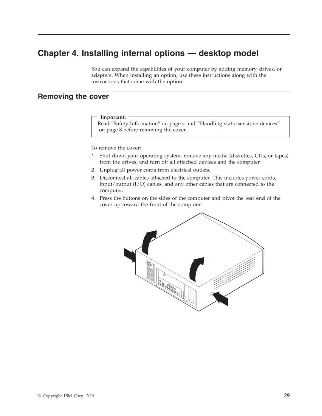 IBM Partner Pavilion 6792, 6343, 6793, 6349, 6791, 6790, 6795 Installing internal options desktop model, Removing the cover 