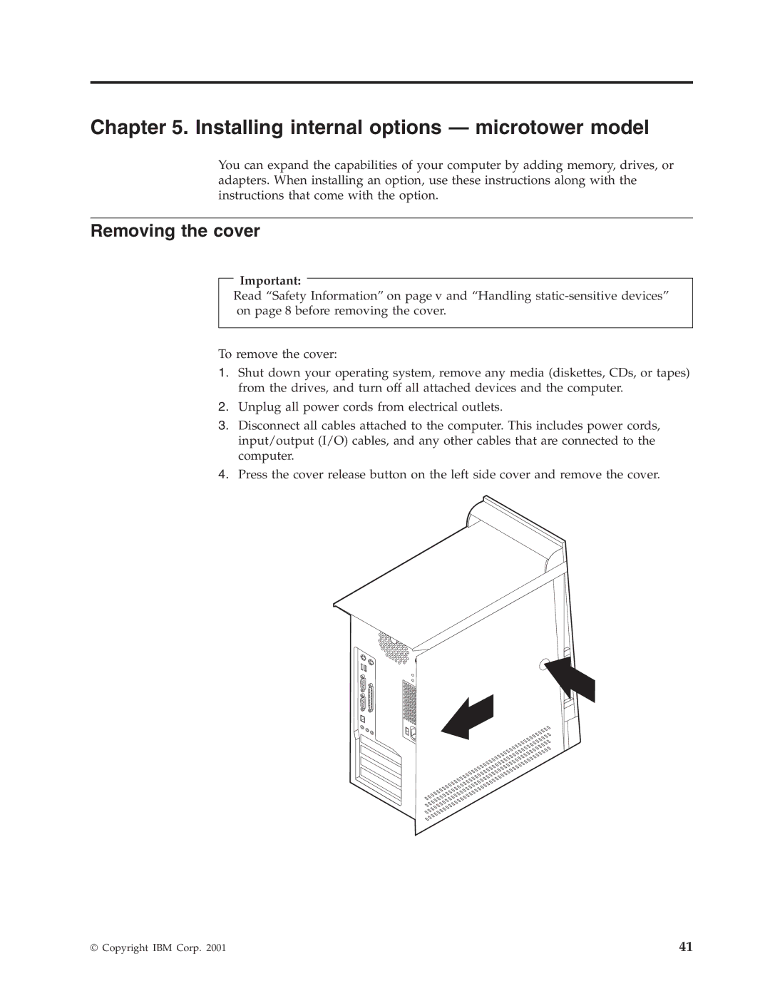 IBM Partner Pavilion 6792, 6343, 6793, 6349, 6791, 6790, 6795 Installing internal options microtower model, Removing the cover 