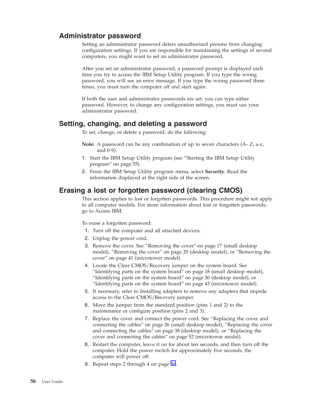 IBM Partner Pavilion 6350, 6343, 6793, 6349, 6791, 6790 Administrator password, Setting, changing, and deleting a password 