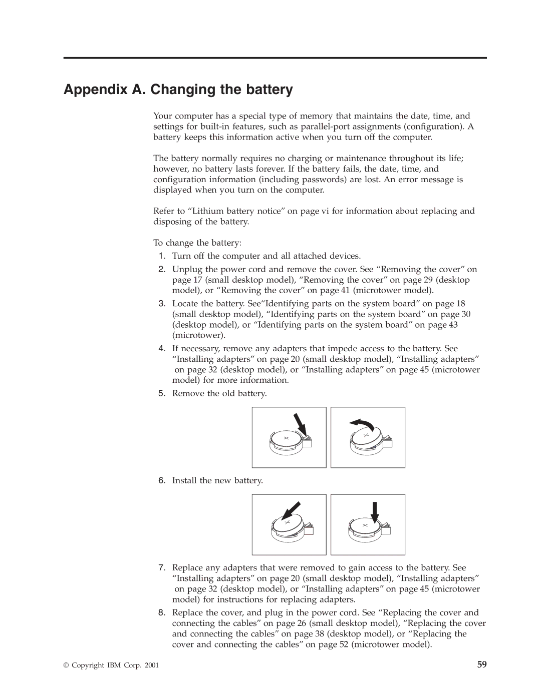 IBM Partner Pavilion 6823, 6343, 6793, 6349, 6791, 6790, 6792, 6795, 6825, 6350, 2292, 6794 manual Appendix A. Changing the battery 