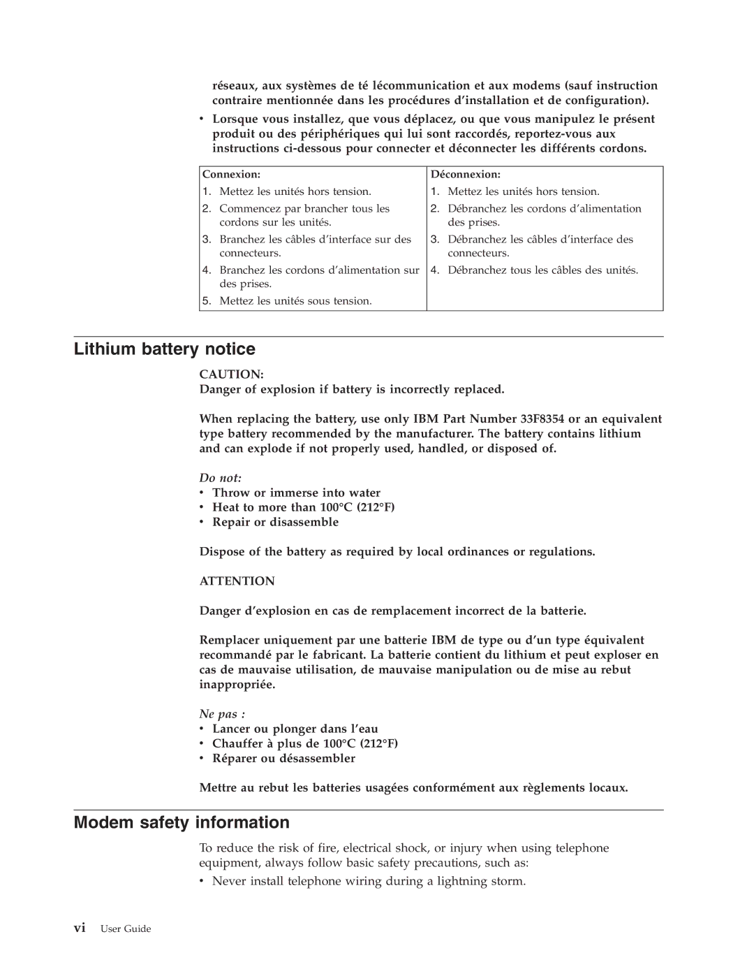 IBM Partner Pavilion 6350, 6343, 6793, 6349, 6791, 6790, 6792, 6795, 6825, 2292 Lithium battery notice, Modem safety information 