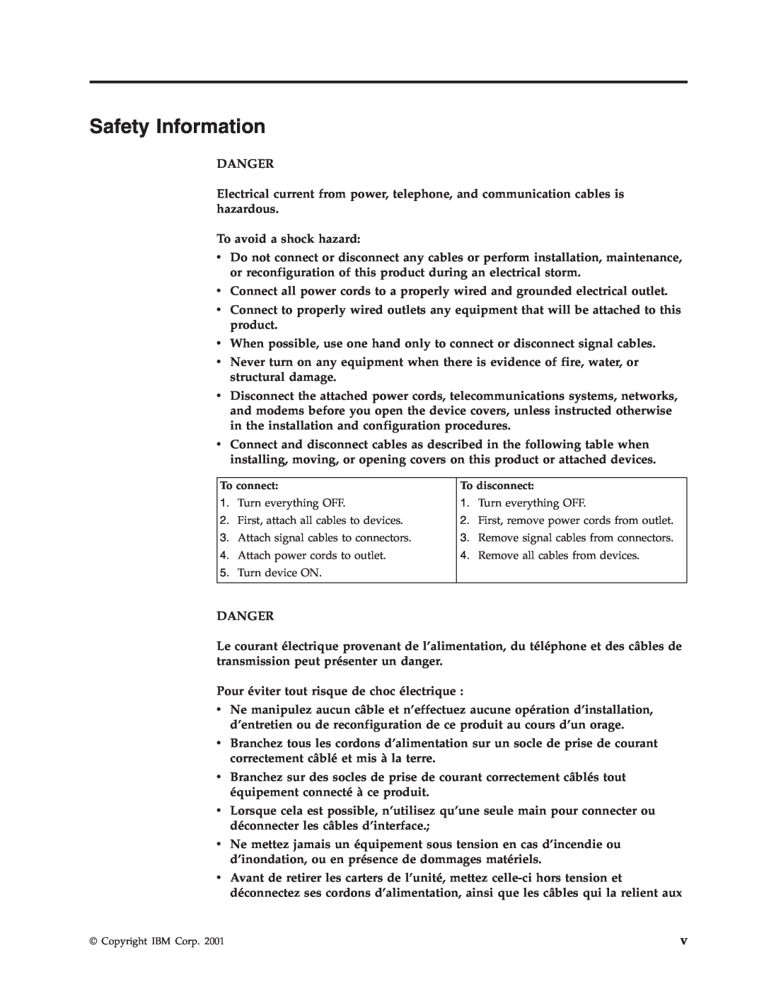 IBM Partner Pavilion 6825 Safety Information, Danger, To avoid a shock hazard, Pour éviter tout risque de choc électrique 