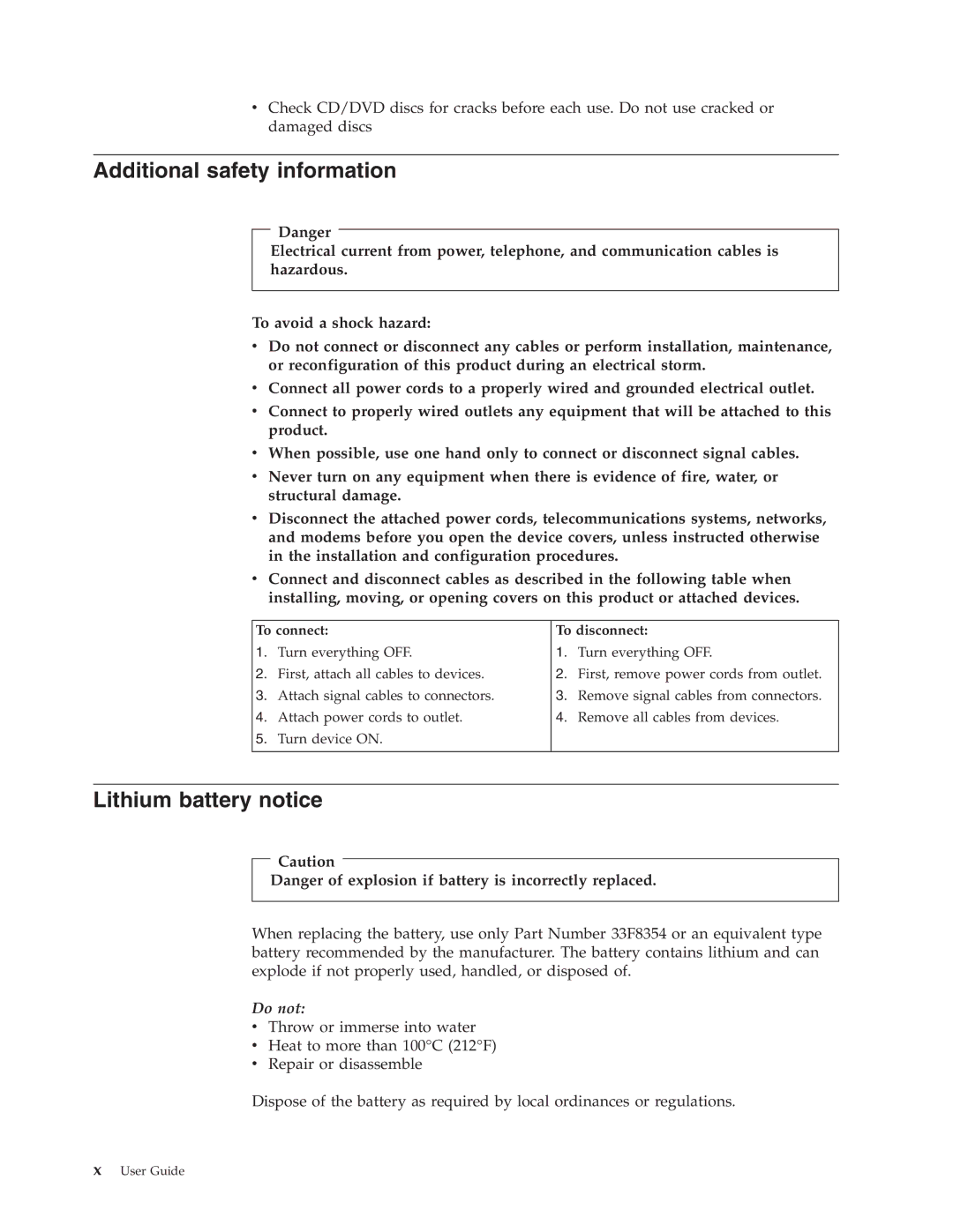 IBM Partner Pavilion 8138, 8137, 8131, 8124 Additional safety information, Lithium battery notice, To connect To disconnect 