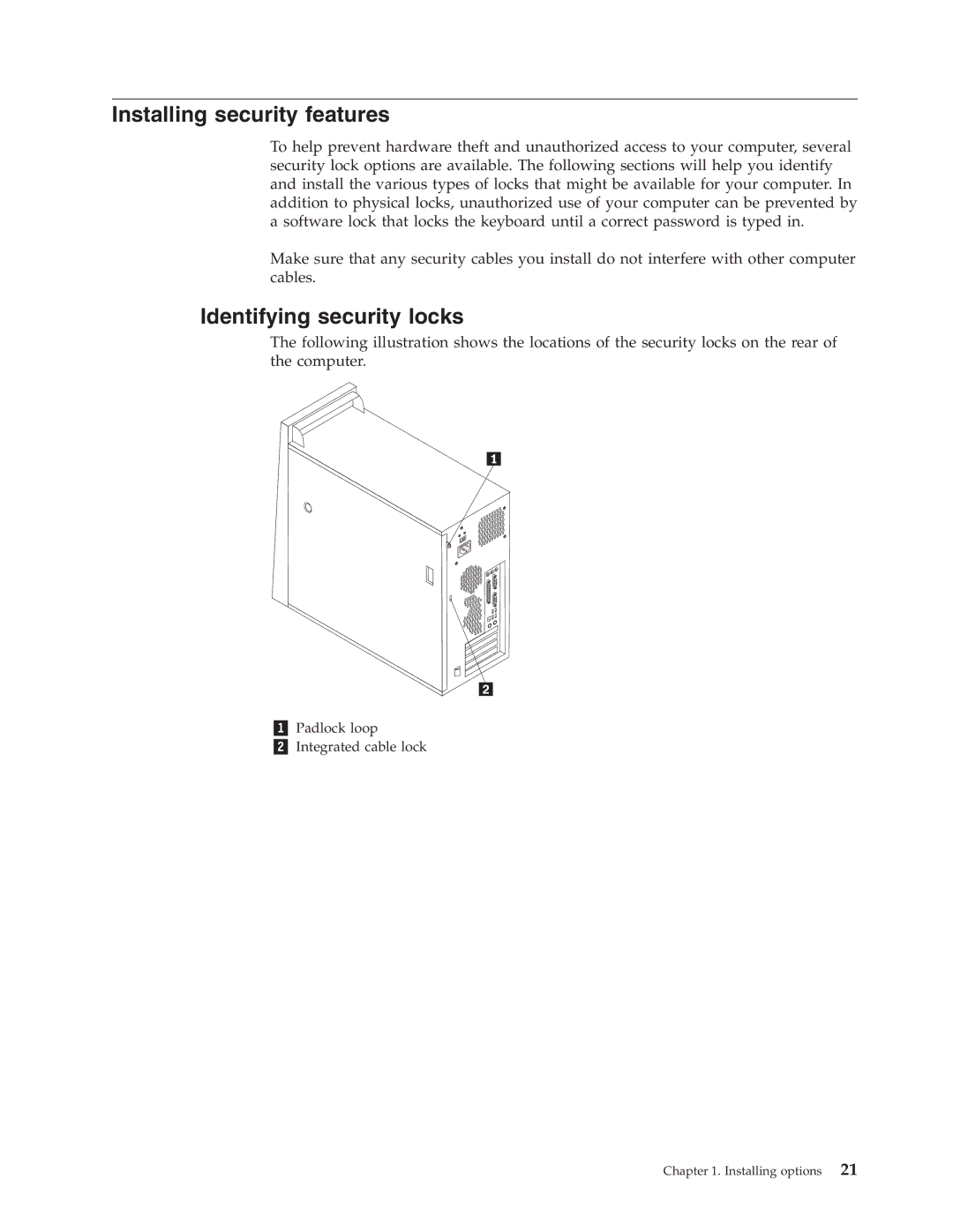 IBM Partner Pavilion 8137, 8138, 8131, 8124, 8122, 8123 manual Installing security features, Identifying security locks 