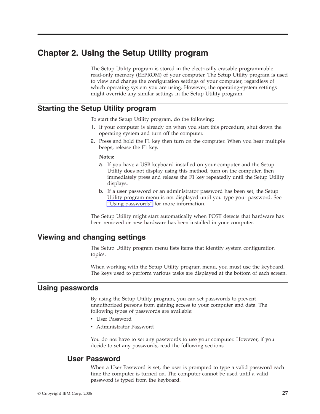 IBM Partner Pavilion 8137, 8138, 8131 Using the Setup Utility program, Starting the Setup Utility program, Using passwords 