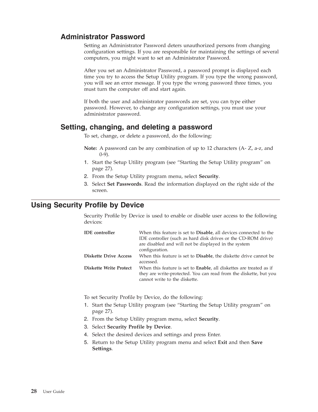 IBM Partner Pavilion 8131, 8138, 8137, 8124, 8122, 8123 Administrator Password, Setting, changing, and deleting a password 