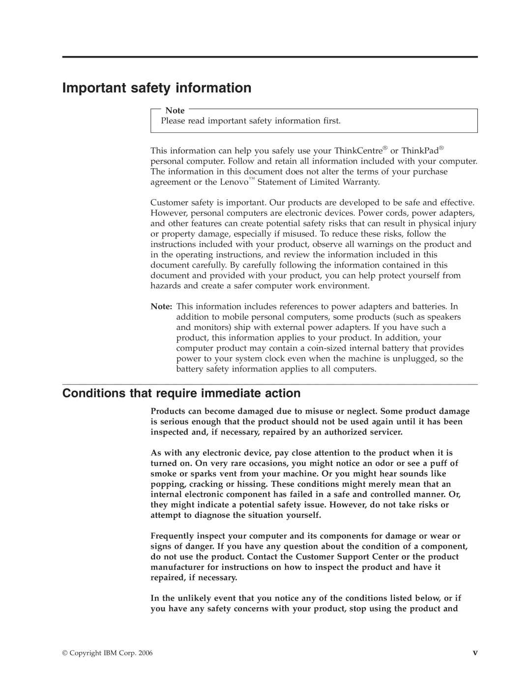 IBM Partner Pavilion 8137, 8138, 8131, 8124, 8122, 8123 Important safety information, Conditions that require immediate action 