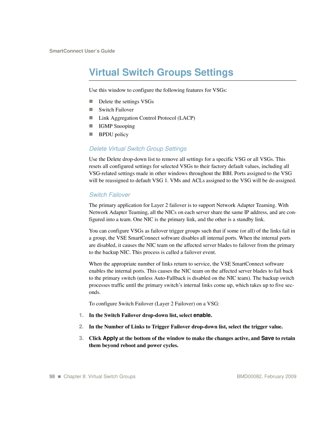 IBM Partner Pavilion BMD00082 manual Virtual Switch Groups Settings, Delete Virtual Switch Group Settings, Switch Failover 