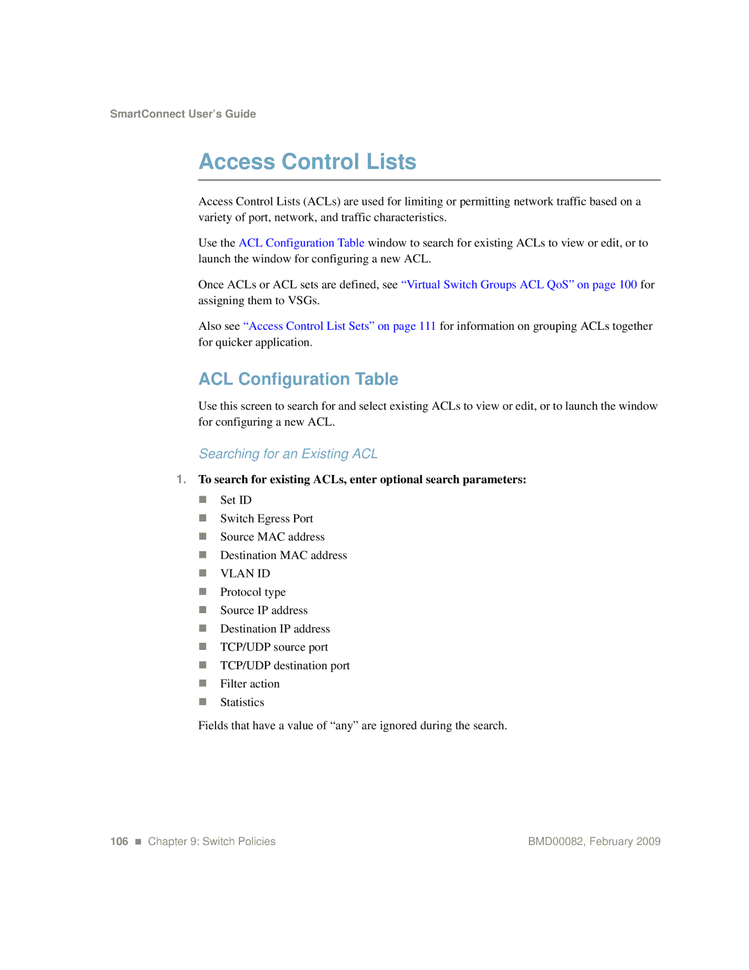 IBM Partner Pavilion BMD00082 manual Access Control Lists, ACL Configuration Table, Searching for an Existing ACL 