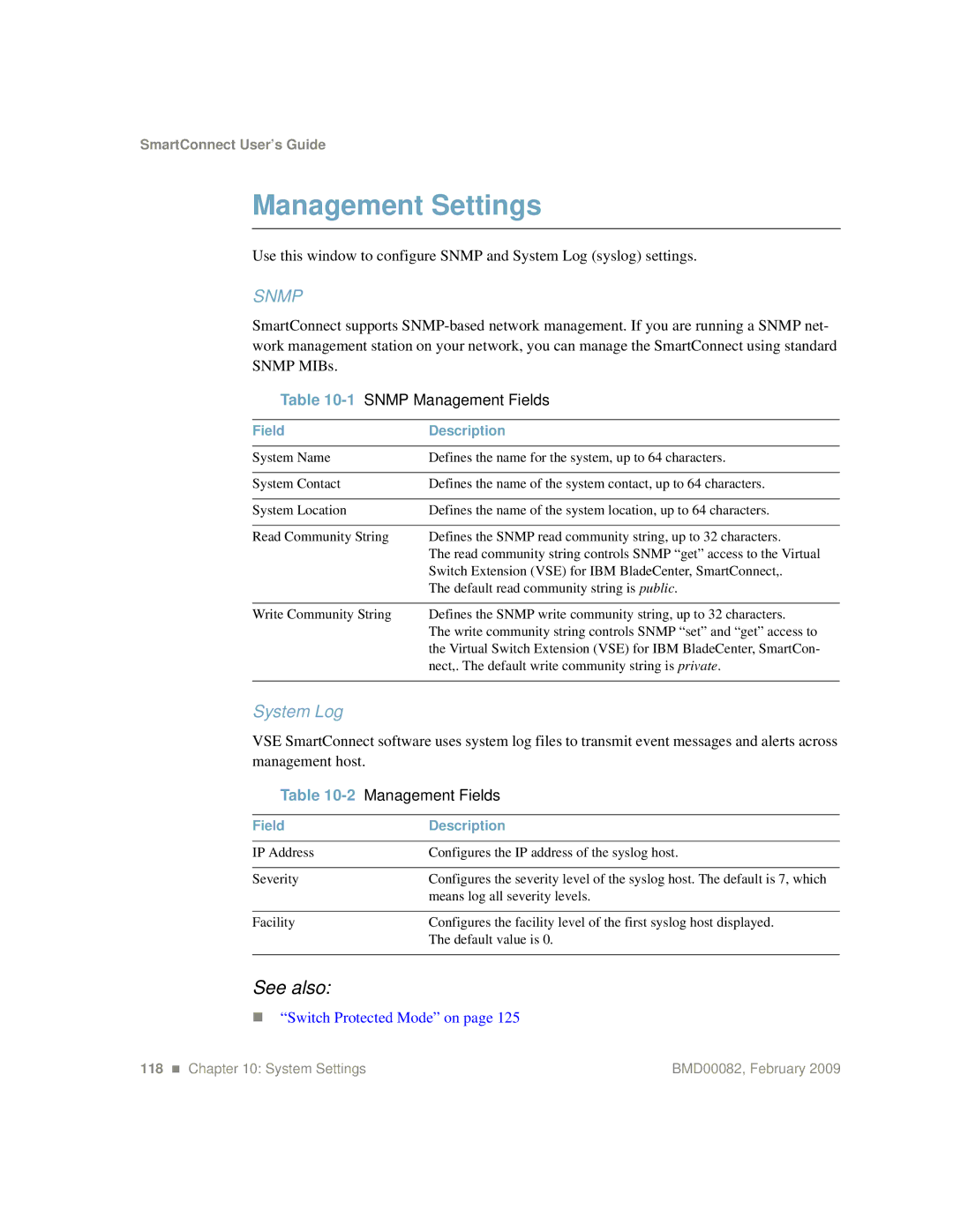 IBM Partner Pavilion BMD00082 manual Management Settings, System Log, 1SNMP Management Fields, 2Management Fields 