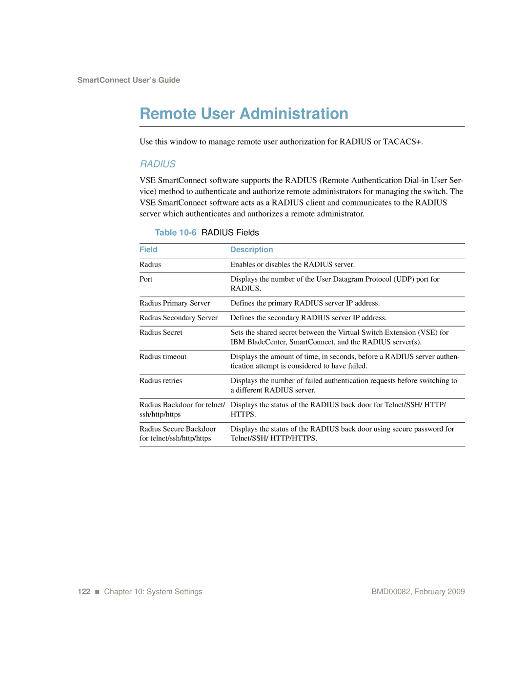 IBM Partner Pavilion BMD00082 manual Remote User Administration, 6RADIUS Fields 