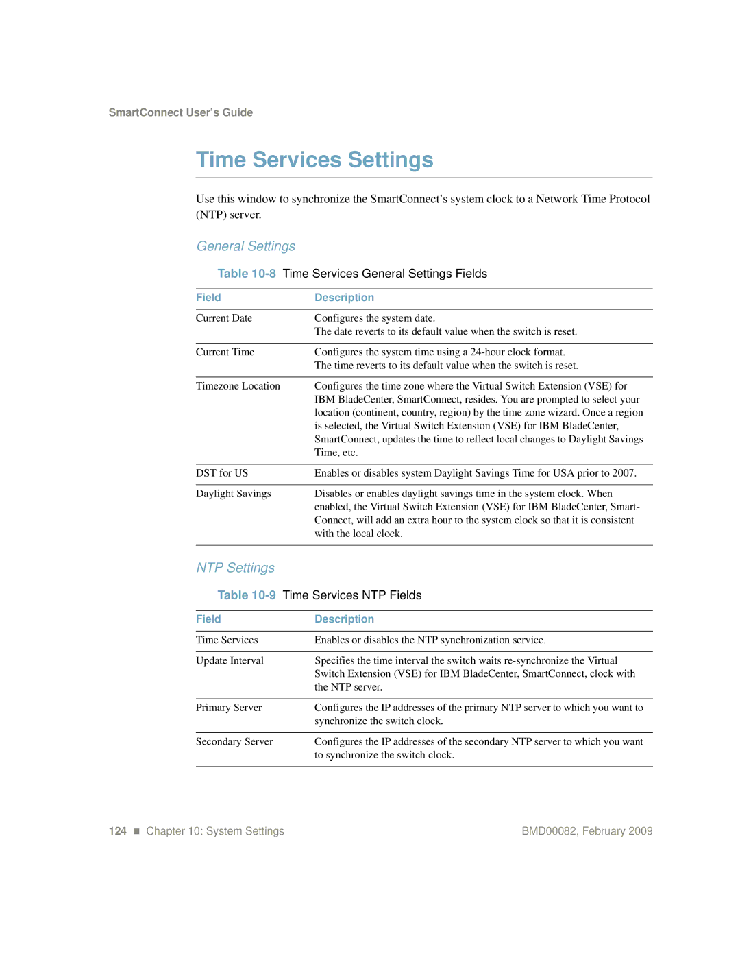 IBM Partner Pavilion BMD00082 manual Time Services Settings, General Settings, NTP Settings, 9Time Services NTP Fields 