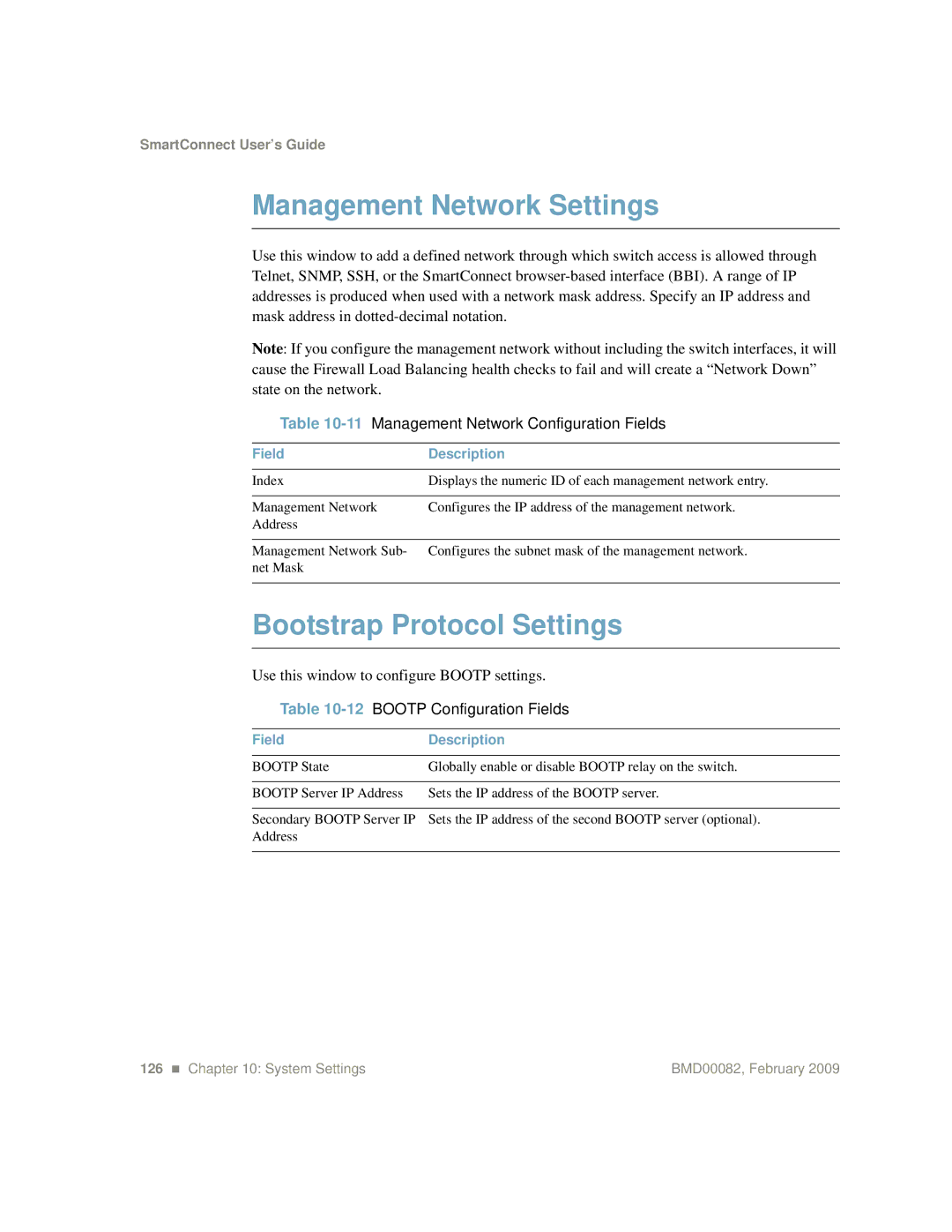 IBM Partner Pavilion BMD00082 manual Management Network Settings, Bootstrap Protocol Settings, 12BOOTP Configuration Fields 