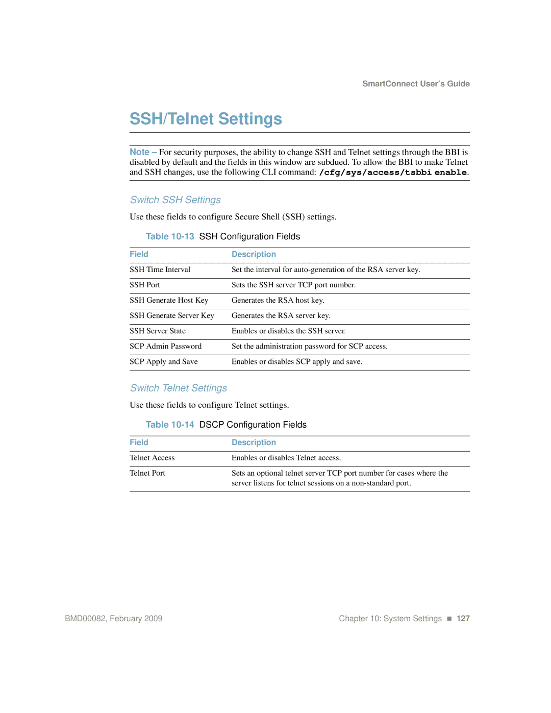 IBM Partner Pavilion BMD00082 SSH/Telnet Settings, Switch SSH Settings, Switch Telnet Settings, 13SSH Configuration Fields 