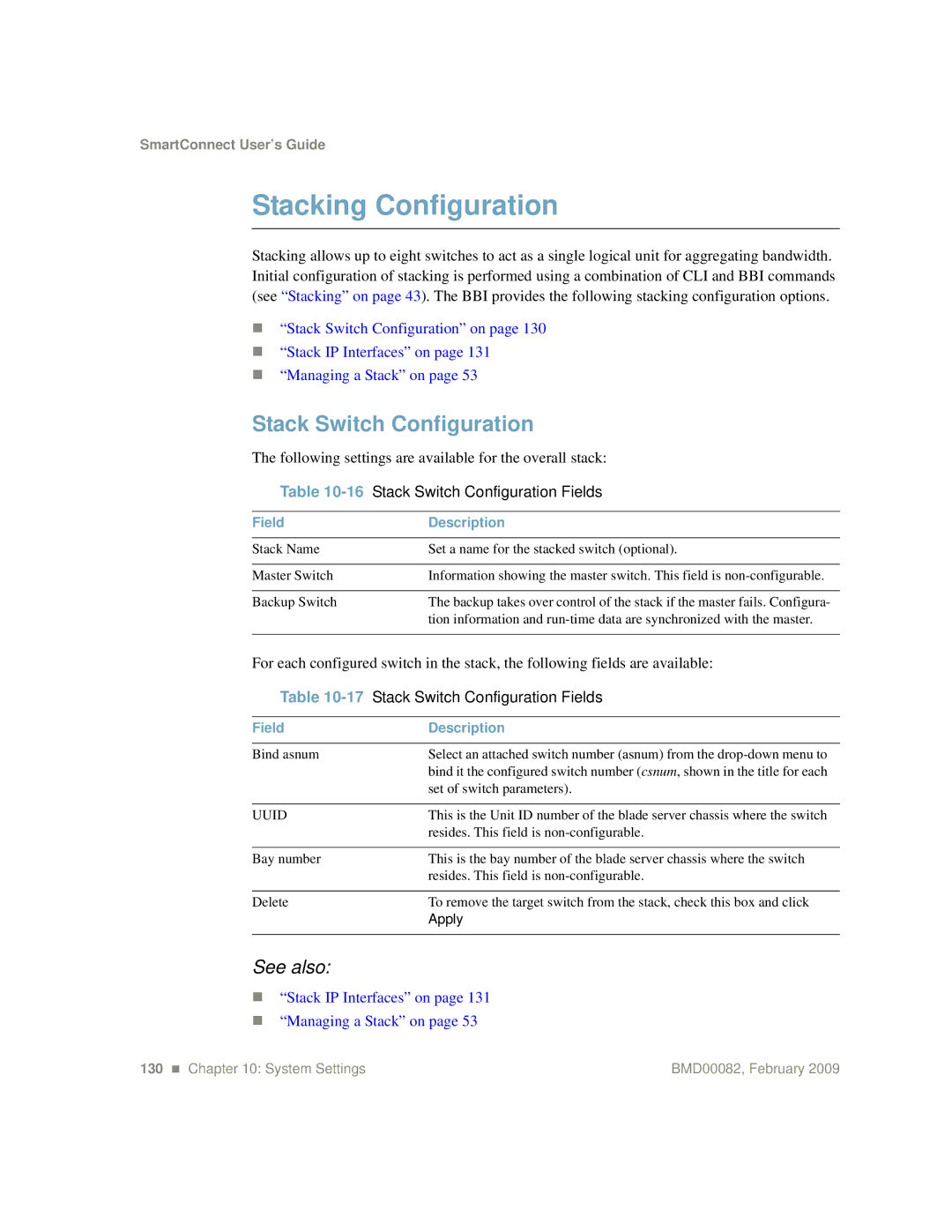 IBM Partner Pavilion BMD00082 manual Stacking Configuration, Stack Switch Configuration Fields 