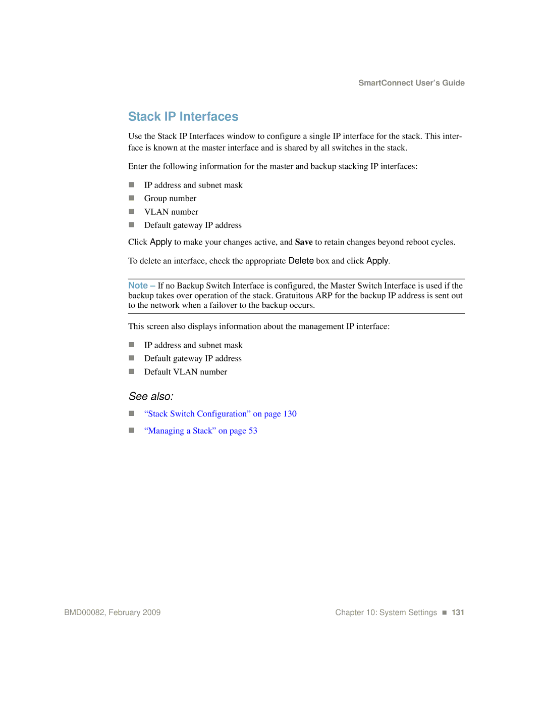 IBM Partner Pavilion BMD00082 manual Stack IP Interfaces, „ Stack Switch Configuration on „ Managing a Stack on 