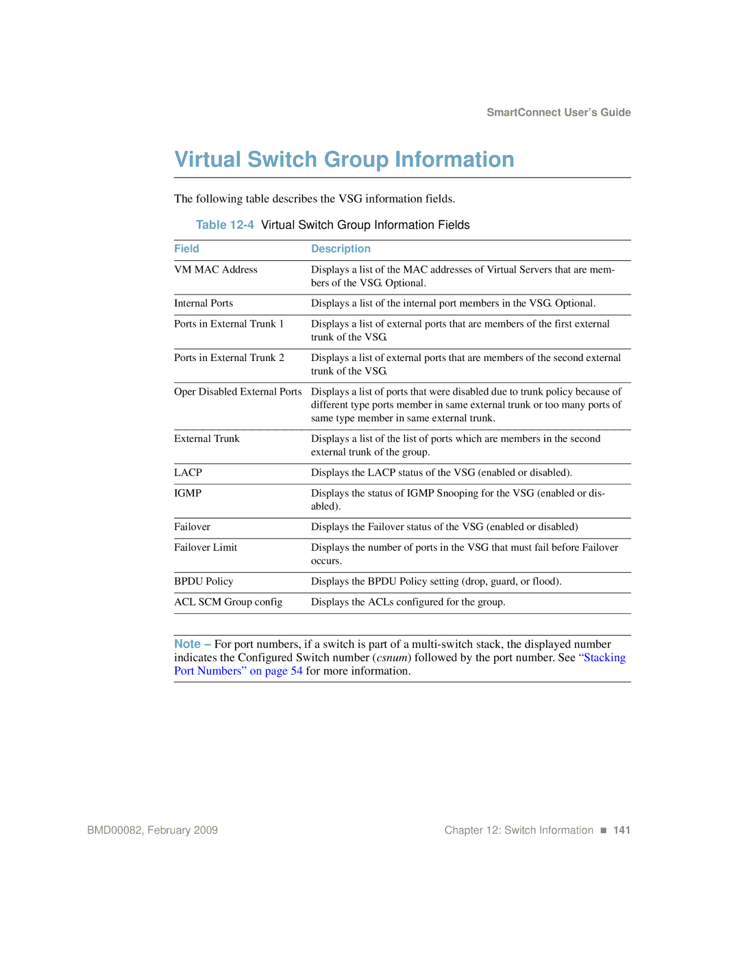 IBM Partner Pavilion BMD00082 manual 4Virtual Switch Group Information Fields 