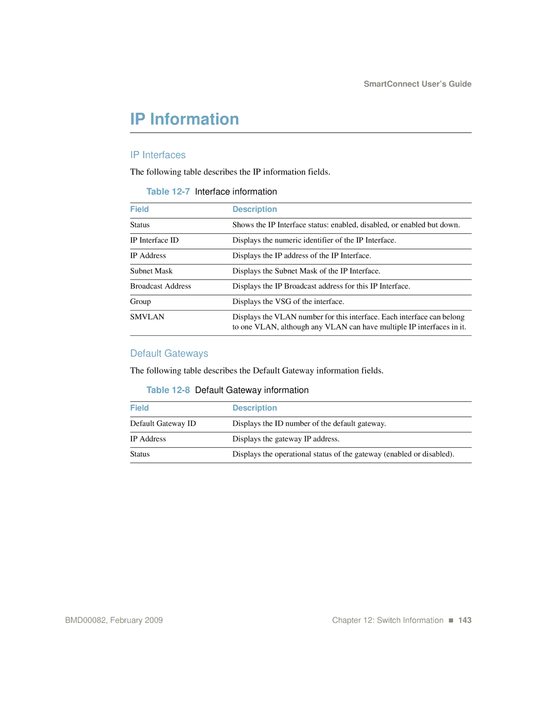 IBM Partner Pavilion BMD00082 manual IP Information, IP Interfaces, Default Gateways, 7Interface information 