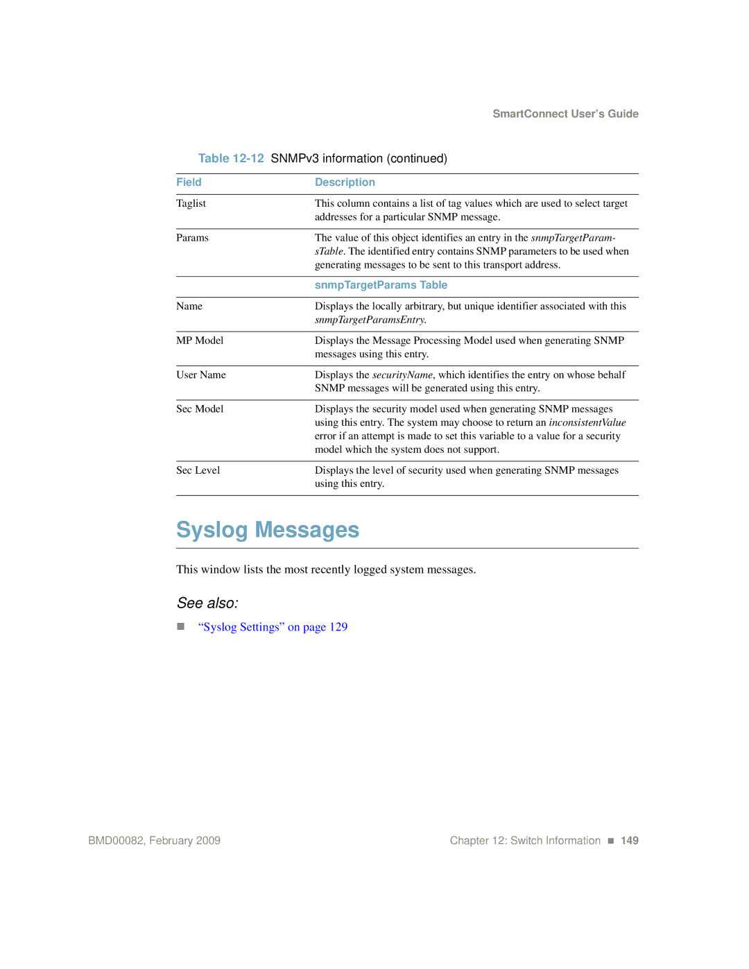 IBM Partner Pavilion BMD00082 manual Syslog Messages, SnmpTargetParams Table 