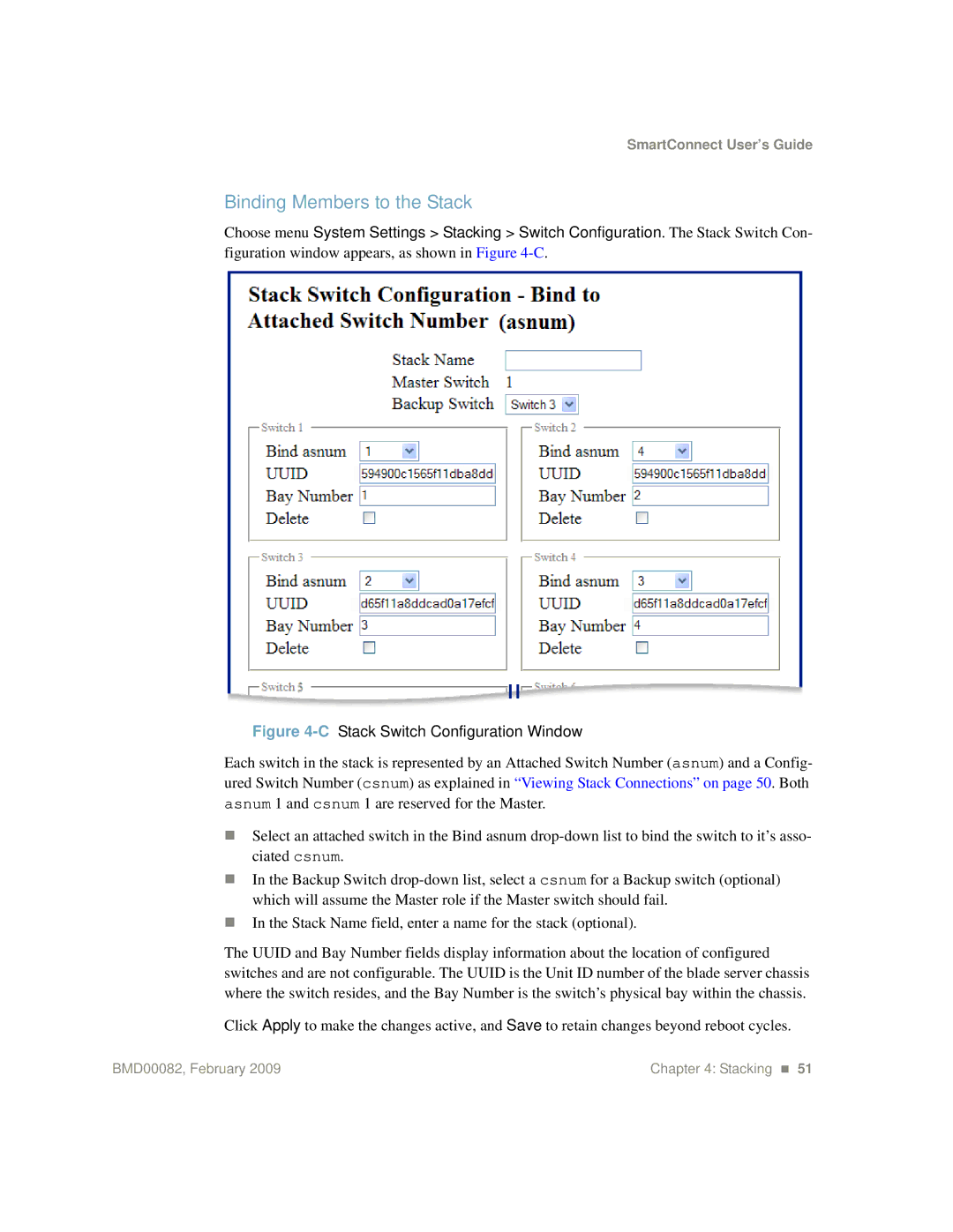 IBM Partner Pavilion BMD00082 manual Binding Members to the Stack, CStack Switch Configuration Window 