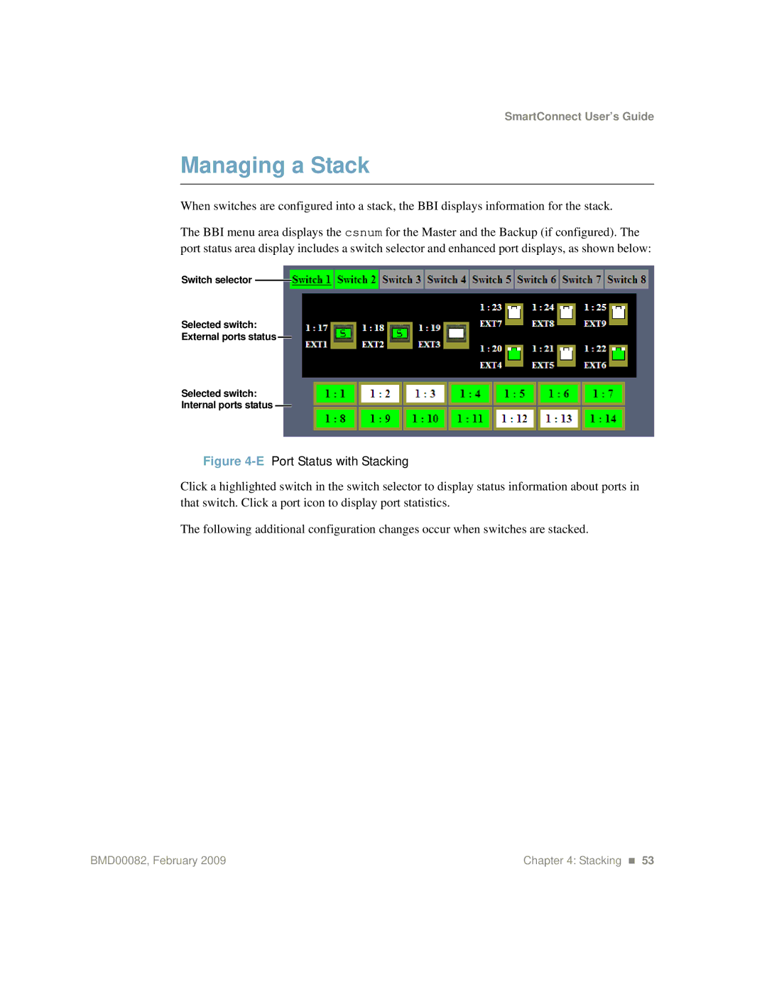 IBM Partner Pavilion BMD00082 manual Managing a Stack, EPort Status with Stacking 