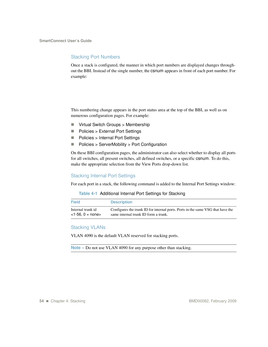 IBM Partner Pavilion BMD00082 manual Stacking Port Numbers, Stacking Internal Port Settings, Stacking VLANs 