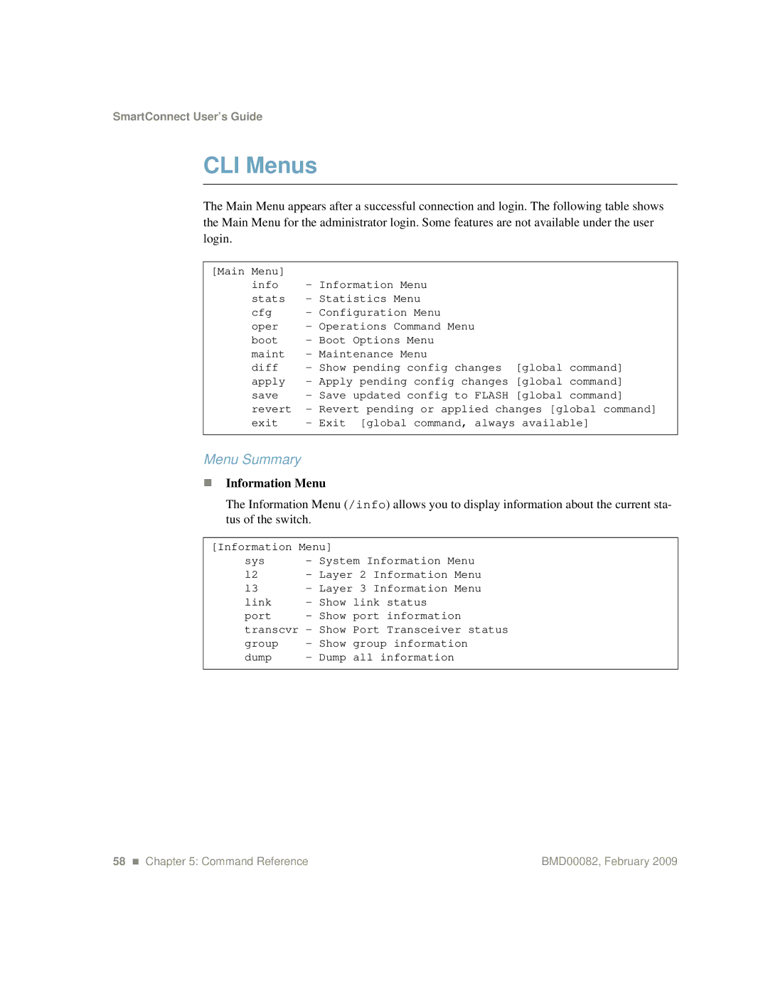 IBM Partner Pavilion BMD00082 manual CLI Menus, Menu Summary 