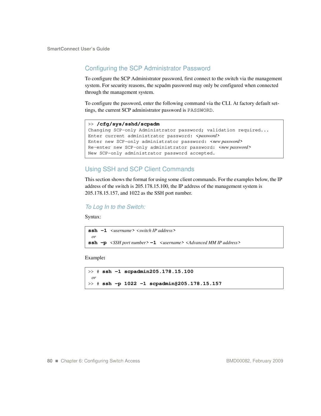 IBM Partner Pavilion BMD00082 manual Configuring the SCP Administrator Password, Using SSH and SCP Client Commands 