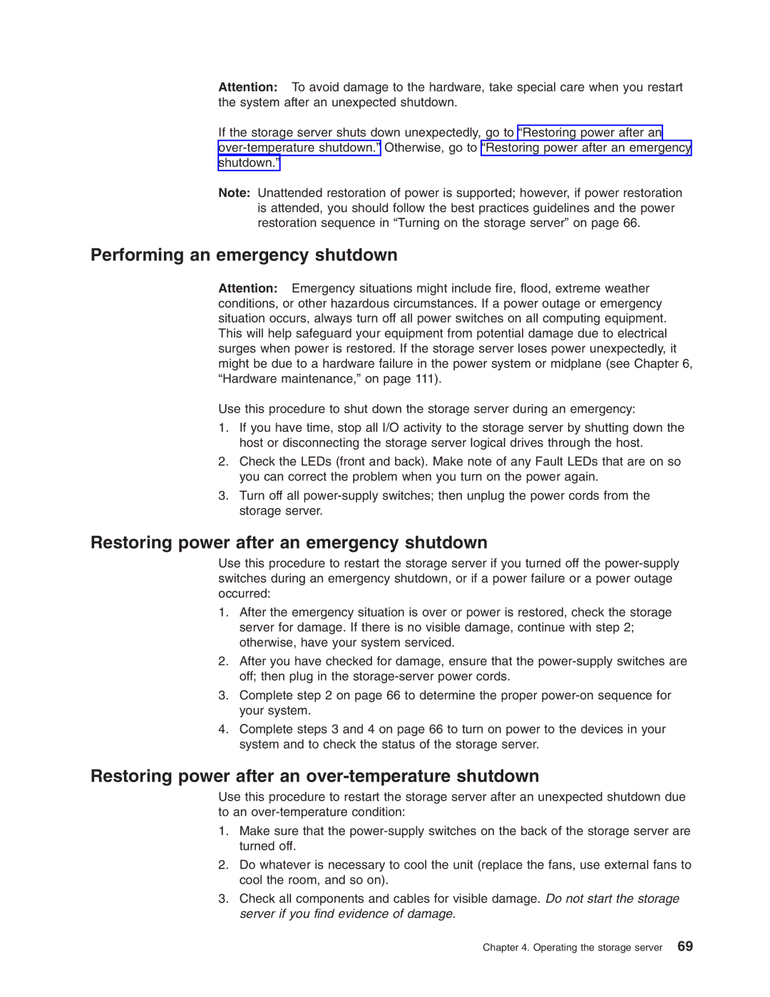 IBM Partner Pavilion DS4100 manual Performing an emergency shutdown, Restoring power after an emergency shutdown 