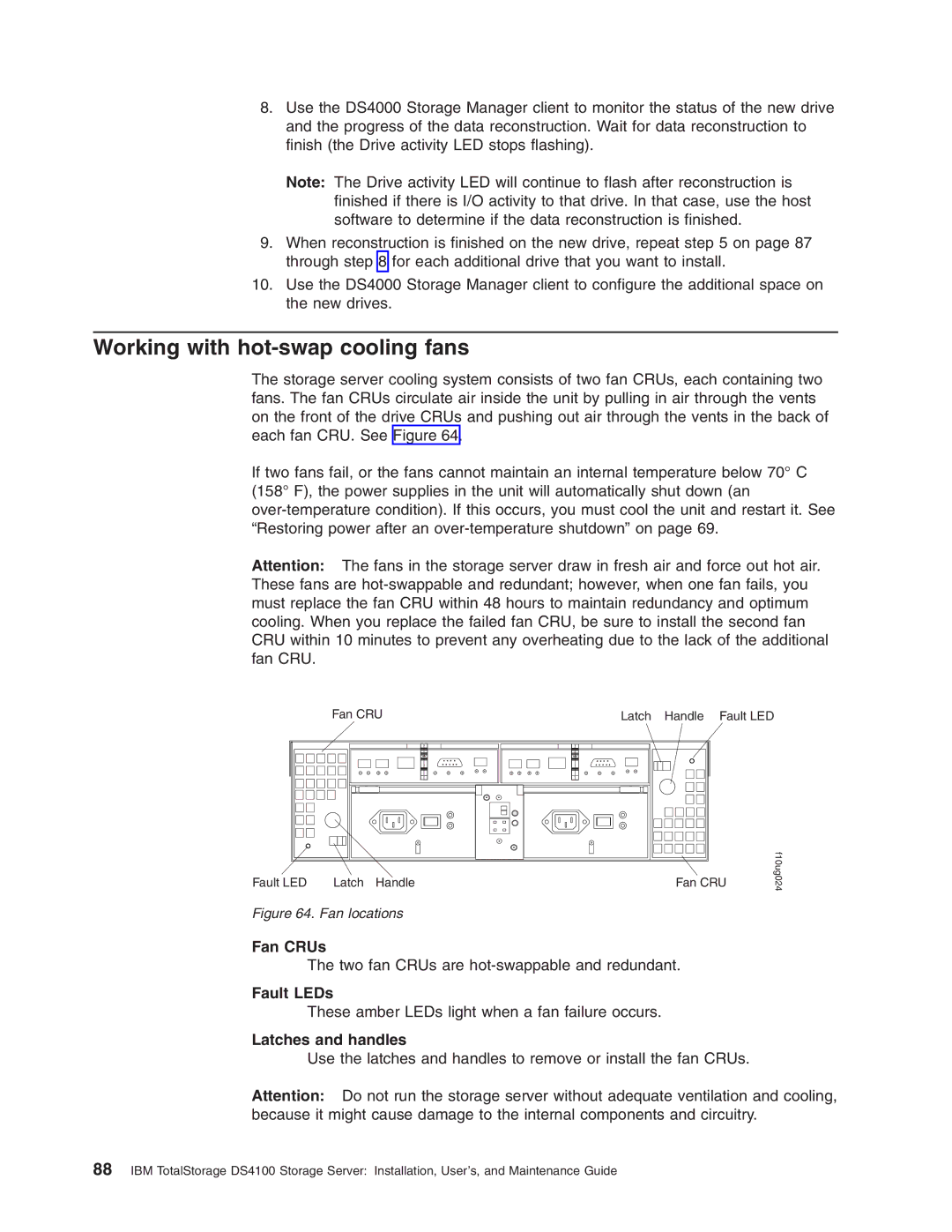 IBM Partner Pavilion DS4100 manual Working with hot-swap cooling fans, Fan CRUs, Fault LEDs, Latches and handles 