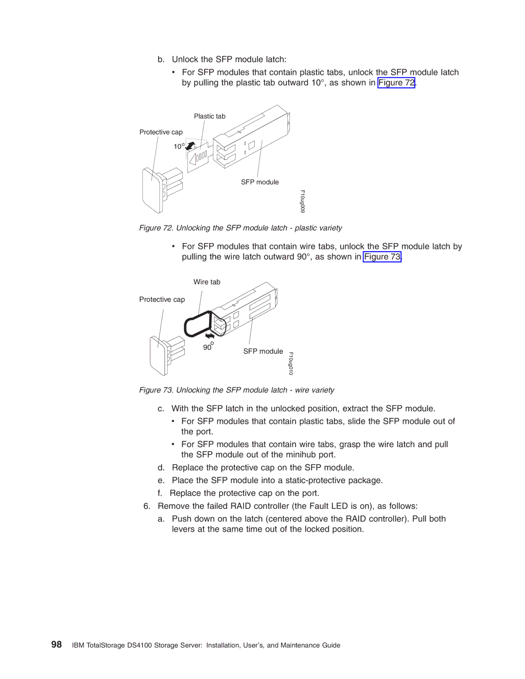 IBM Partner Pavilion DS4100 manual Unlocking the SFP module latch plastic variety 