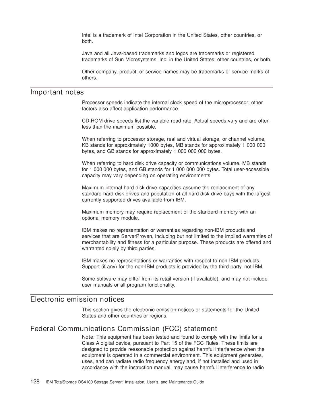 IBM Partner Pavilion DS4100 Important notes, Electronic emission notices, Federal Communications Commission FCC statement 