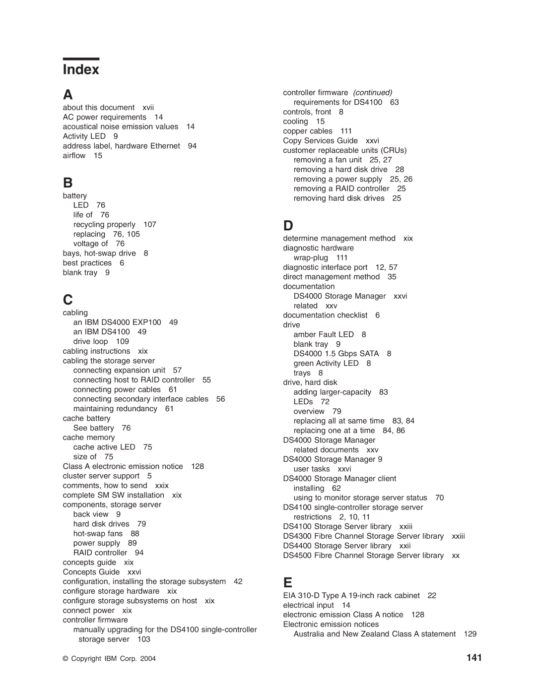 IBM Partner Pavilion DS4100 manual Index, 141 