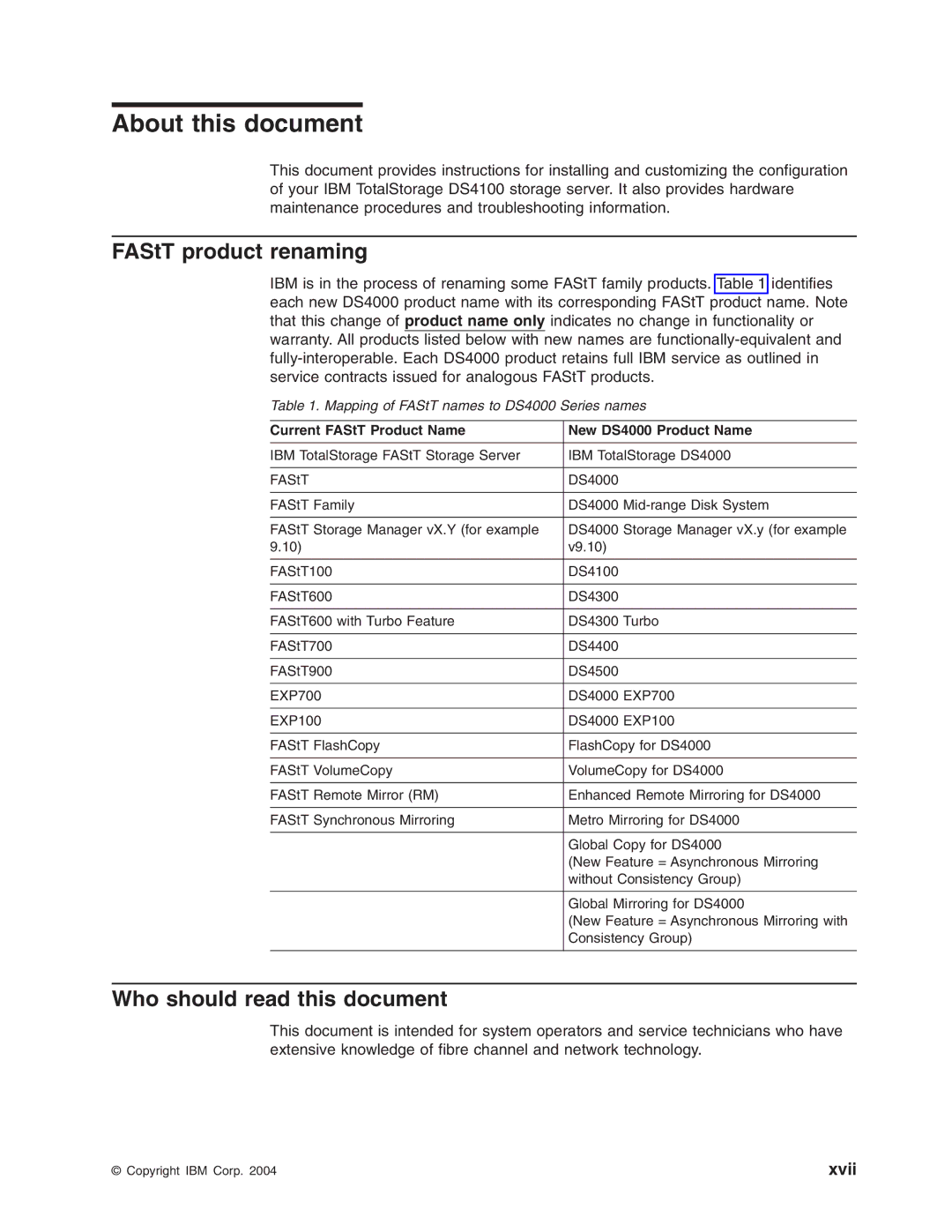 IBM Partner Pavilion DS4100 manual About this document, FAStT product renaming, Who should read this document, Xvii 