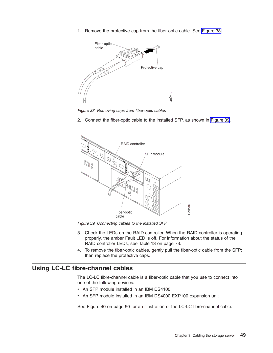 IBM Partner Pavilion DS4100 manual Using LC-LC fibre-channel cables, Removing caps from fiber-optic cables 