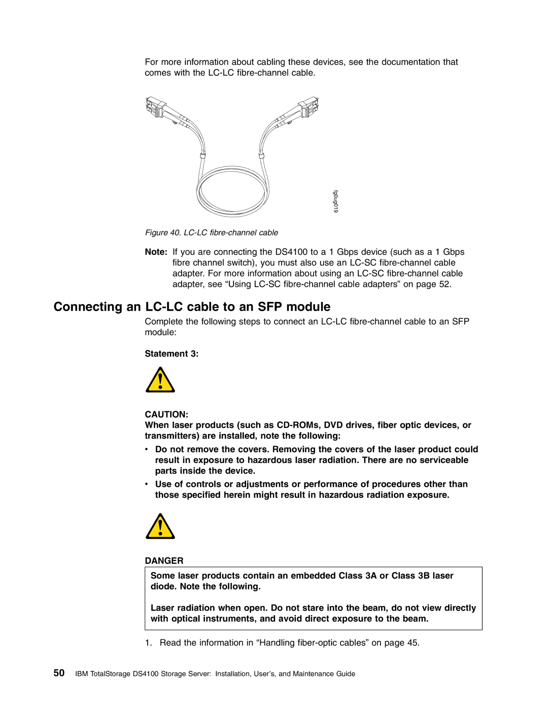 IBM Partner Pavilion DS4100 manual Connecting an LC-LC cable to an SFP module, LC-LC fibre-channel cable 