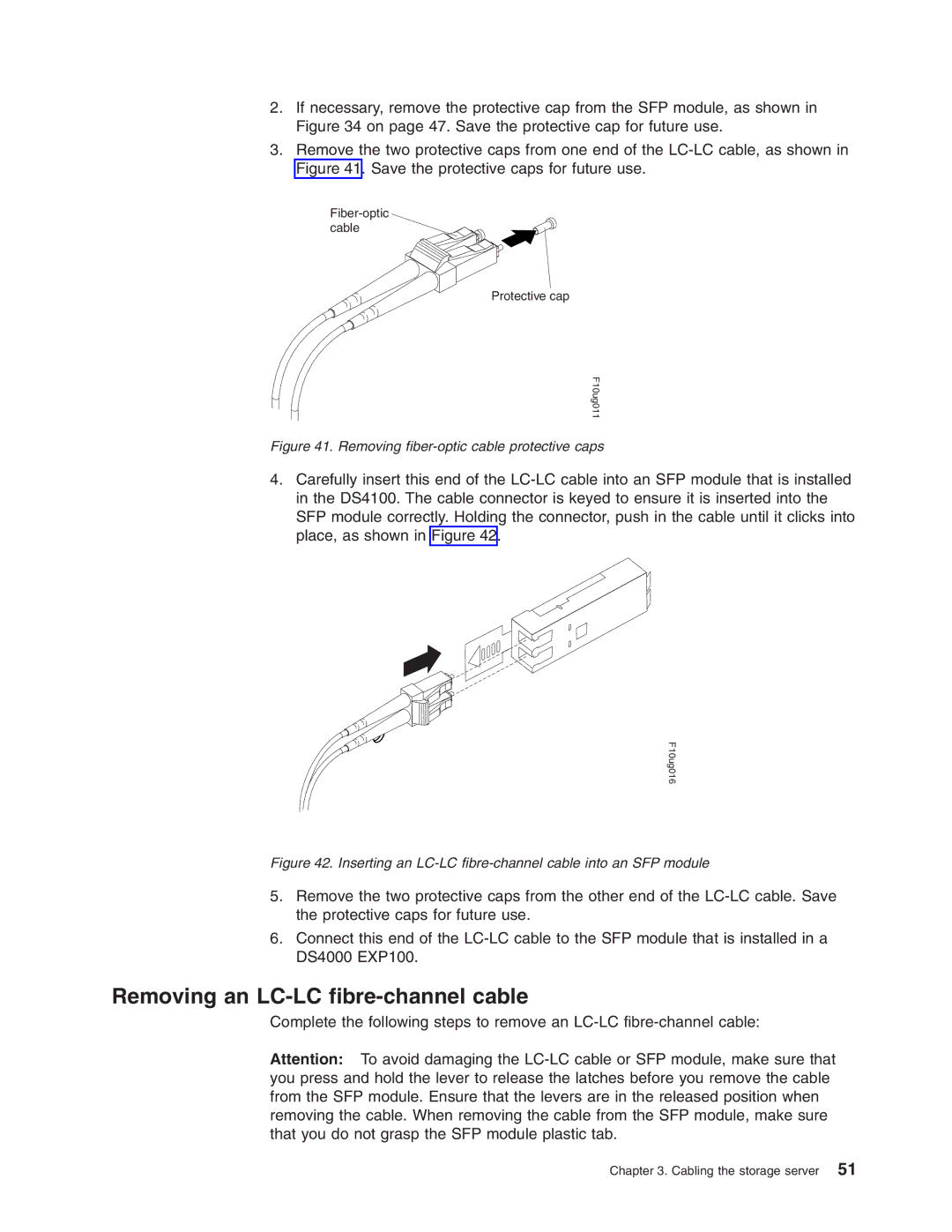 IBM Partner Pavilion DS4100 manual Removing an LC-LC fibre-channel cable, Removing fiber-optic cable protective caps 