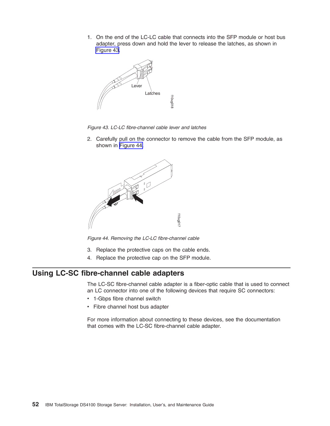 IBM Partner Pavilion DS4100 manual Using LC-SC fibre-channel cable adapters, LC-LC fibre-channel cable lever and latches 