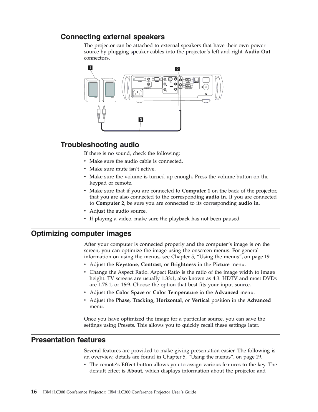 IBM Partner Pavilion iLC300 manual Connecting external speakers, Troubleshooting audio, Optimizing computer images 